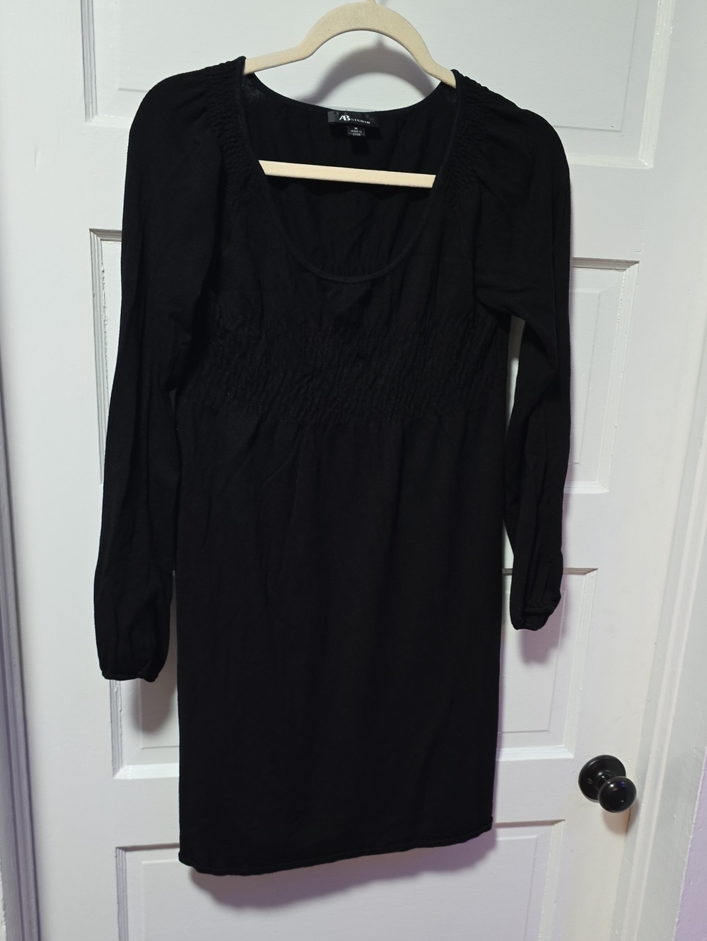 AB Studio Black Long-Sleeve Smocked Bodice Dress